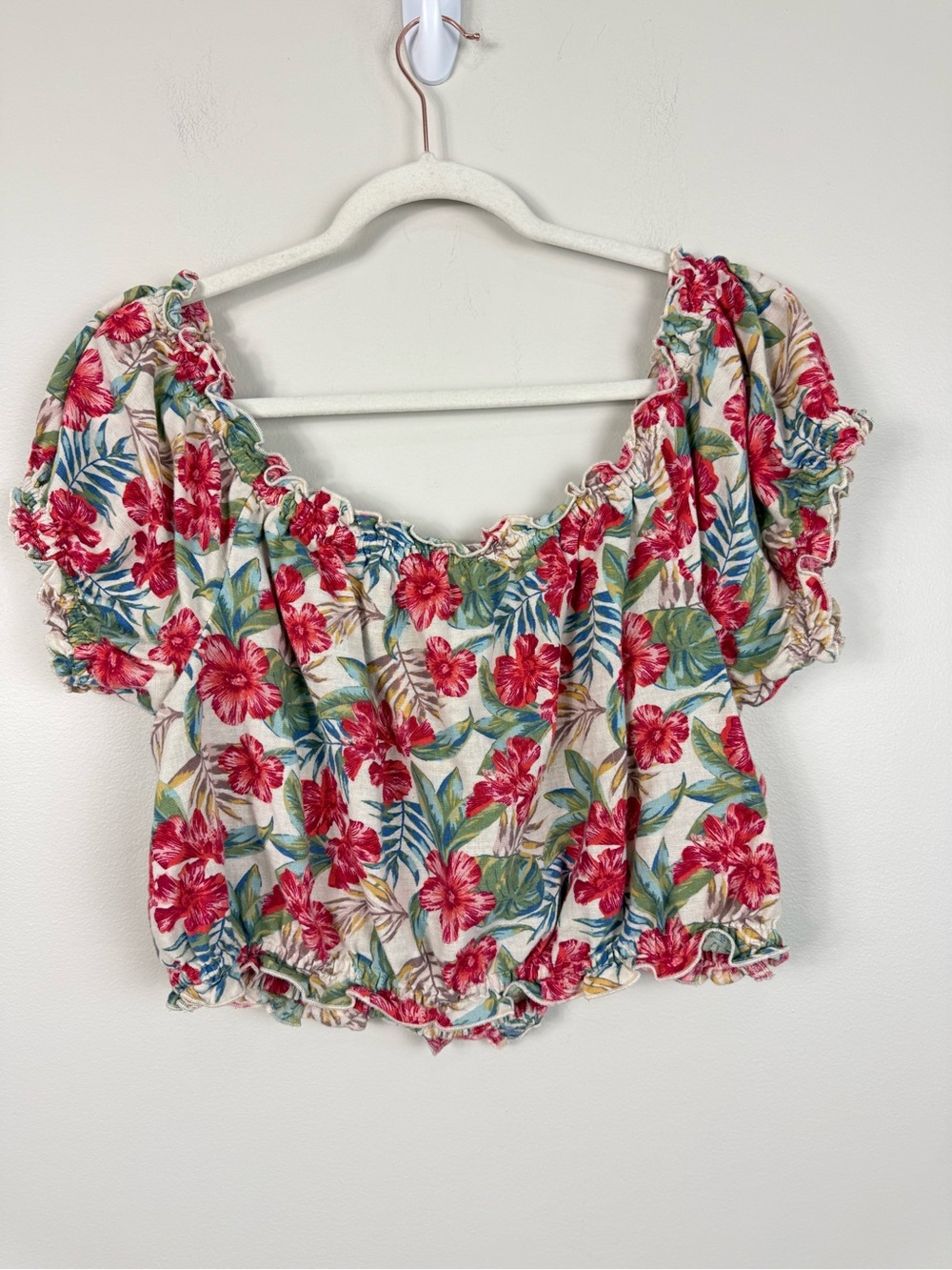 American Eagle Off the Shoulder Top Large Hawaiian tropical Y2K Summer Red Green